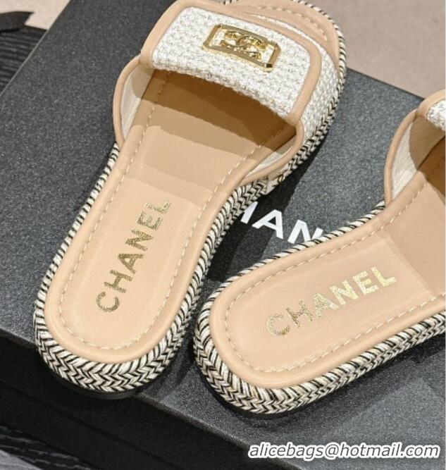 Good Quality Chanel Tweed Flat Slide Sandals with Foldover Beige 424093