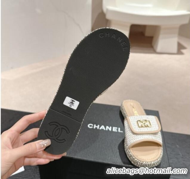 Good Quality Chanel Tweed Flat Slide Sandals with Foldover Beige 424093