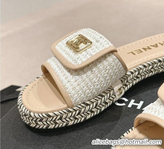 Good Quality Chanel Tweed Flat Slide Sandals with Foldover Beige 424093