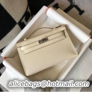 Luxurious Hermes Mini Kelly Pochette Bag 22cm in Epsom Leather 7117 Cream White/Silver 2024 (Half Handmade)