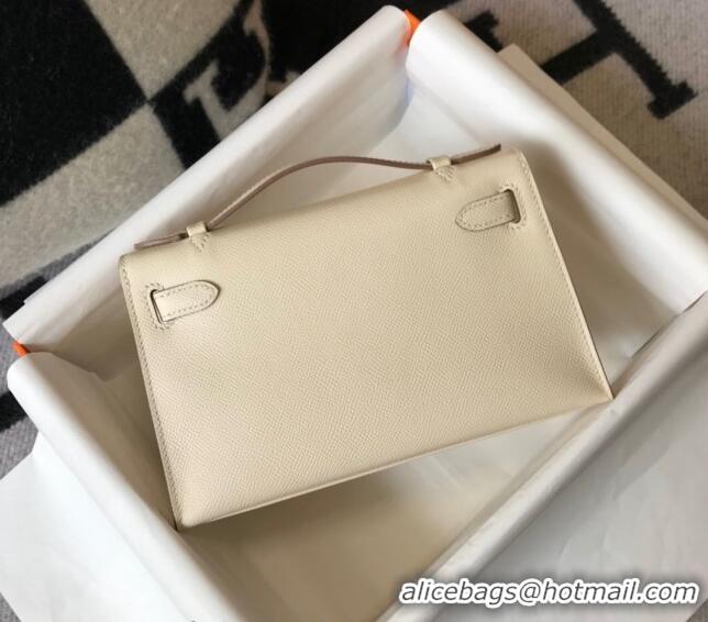 Luxurious Hermes Mini Kelly Pochette Bag 22cm in Epsom Leather 7117 Cream White/Silver 2024 (Half Handmade)