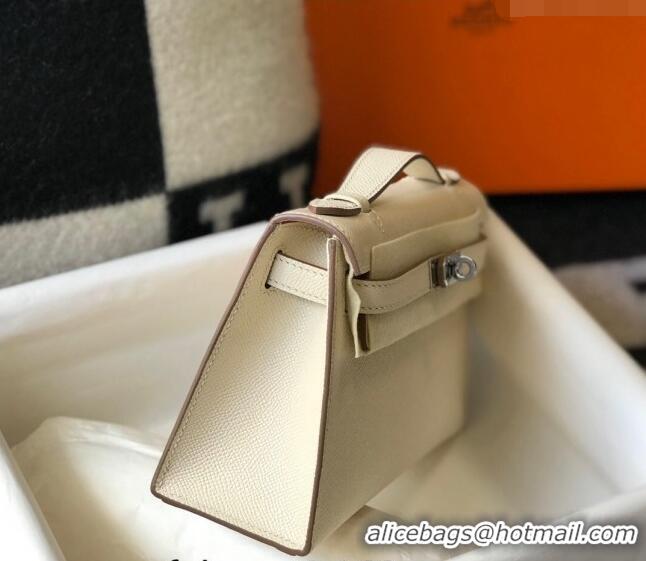 Luxurious Hermes Mini Kelly Pochette Bag 22cm in Epsom Leather 7117 Cream White/Silver 2024 (Half Handmade)