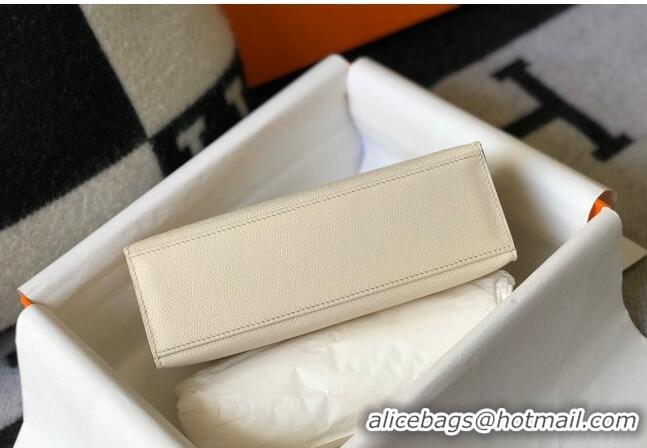 Luxurious Hermes Mini Kelly Pochette Bag 22cm in Epsom Leather 7117 Cream White/Silver 2024 (Half Handmade)