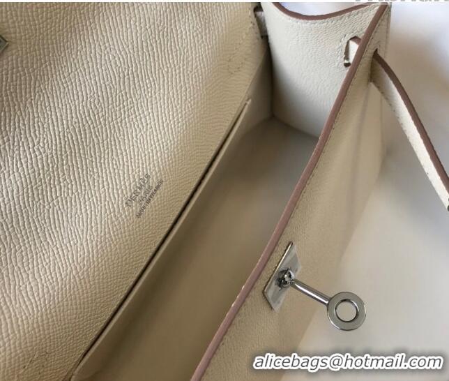 Luxurious Hermes Mini Kelly Pochette Bag 22cm in Epsom Leather 7117 Cream White/Silver 2024 (Half Handmade)