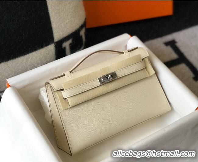 Luxurious Hermes Mini Kelly Pochette Bag 22cm in Epsom Leather 7117 Cream White/Silver 2024 (Half Handmade)