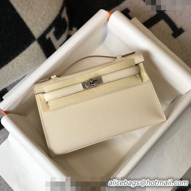 Luxurious Hermes Mini Kelly Pochette Bag 22cm in Epsom Leather 7117 Cream White/Silver 2024 (Half Handmade)