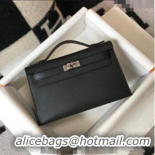 Top Quality Hermes Mini Kelly Pochette Bag 22cm in Epsom Leather 7117 Black/Silver 2024 (Half Handmade)