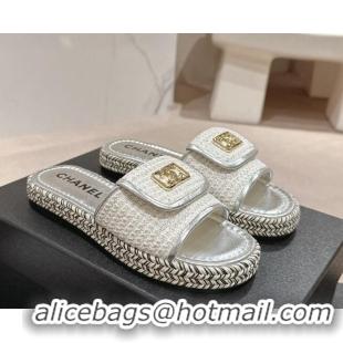 Unique Style Chanel Tweed Flat Slide Sandals with Foldover Silver 424094