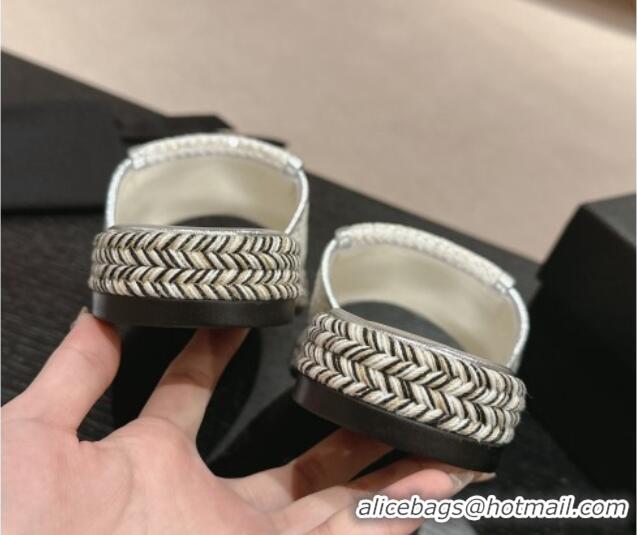 Unique Style Chanel Tweed Flat Slide Sandals with Foldover Silver 424094