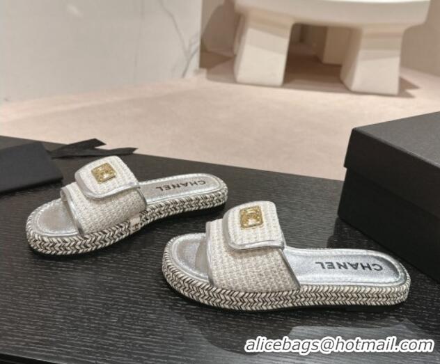 Unique Style Chanel Tweed Flat Slide Sandals with Foldover Silver 424094