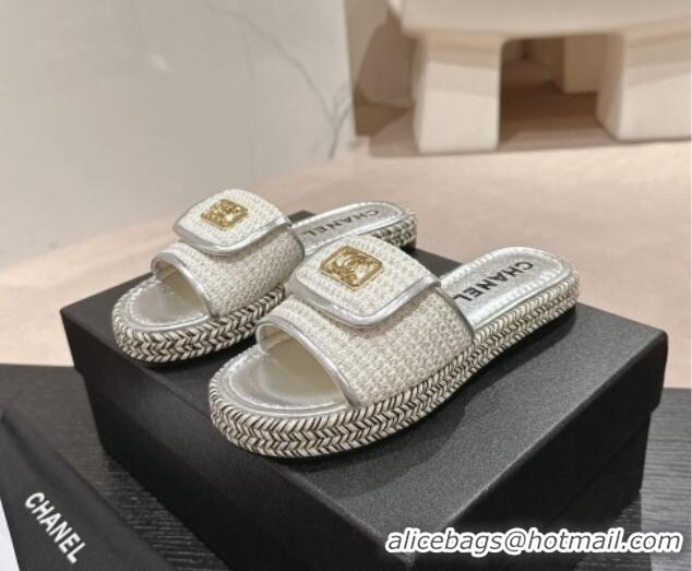 Unique Style Chanel Tweed Flat Slide Sandals with Foldover Silver 424094