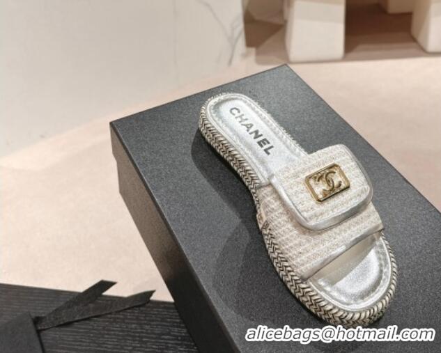 Unique Style Chanel Tweed Flat Slide Sandals with Foldover Silver 424094