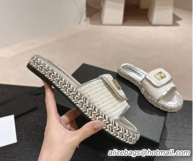 Unique Style Chanel Tweed Flat Slide Sandals with Foldover Silver 424094