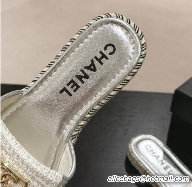 Unique Style Chanel Tweed Flat Slide Sandals with Foldover Silver 424094