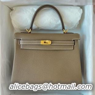 Top Grade Hermes Kelly 25cm Bag in Original Togo Leather K25 Etoupe/Gold 2023 (Pure Handmade)