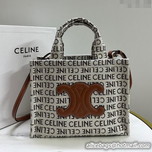 Top Quality Celine Small Cabas Thais in Canvas with with CELINE Allover 199162 White/Brown