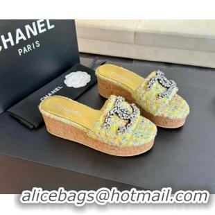 Stylish Chanel Tweed Wedge Slide Sandals 5.5cm with Crystals CC Yellow 424095