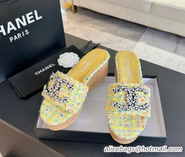 Stylish Chanel Tweed Wedge Slide Sandals 5.5cm with Crystals CC Yellow 424095