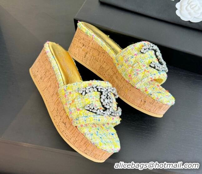 Stylish Chanel Tweed Wedge Slide Sandals 5.5cm with Crystals CC Yellow 424095