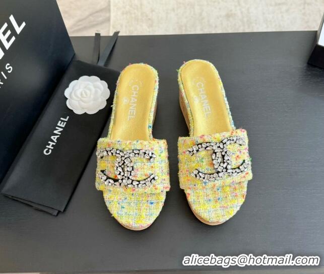 Stylish Chanel Tweed Wedge Slide Sandals 5.5cm with Crystals CC Yellow 424095