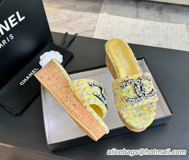 Stylish Chanel Tweed Wedge Slide Sandals 5.5cm with Crystals CC Yellow 424095