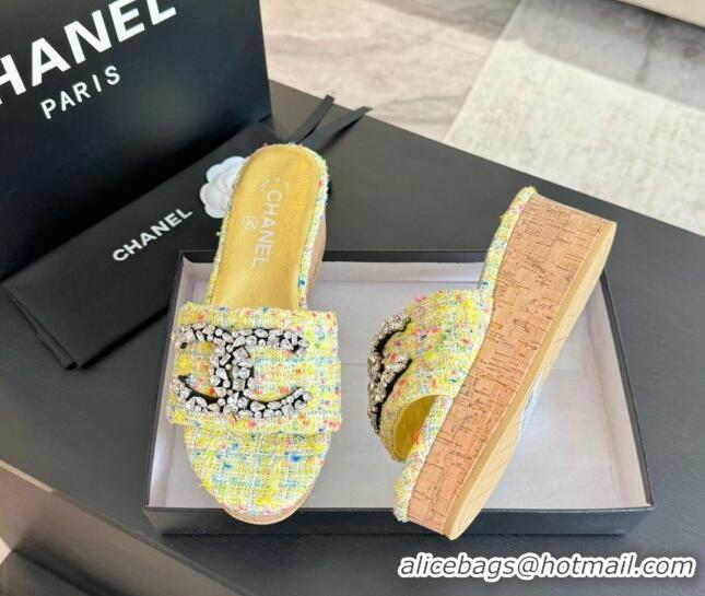 Stylish Chanel Tweed Wedge Slide Sandals 5.5cm with Crystals CC Yellow 424095