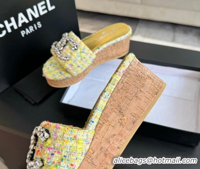 Stylish Chanel Tweed Wedge Slide Sandals 5.5cm with Crystals CC Yellow 424095