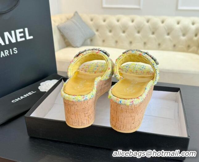 Stylish Chanel Tweed Wedge Slide Sandals 5.5cm with Crystals CC Yellow 424095