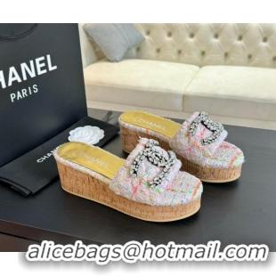 Good Looking Chanel Tweed Wedge Slide Sandals 5.5cm with Crystals CC Pink 424096