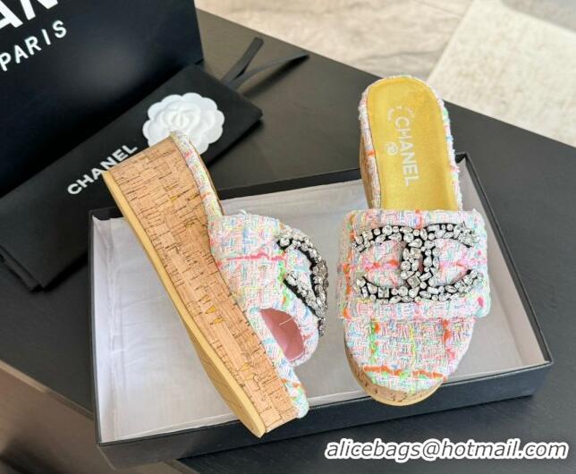 Good Looking Chanel Tweed Wedge Slide Sandals 5.5cm with Crystals CC Pink 424096