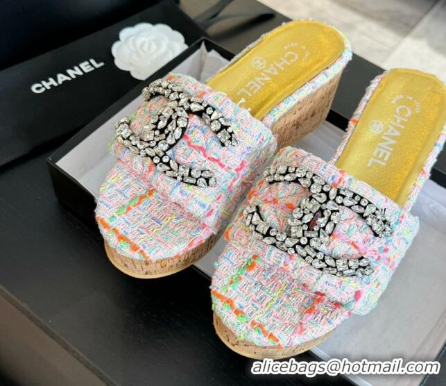 Good Looking Chanel Tweed Wedge Slide Sandals 5.5cm with Crystals CC Pink 424096