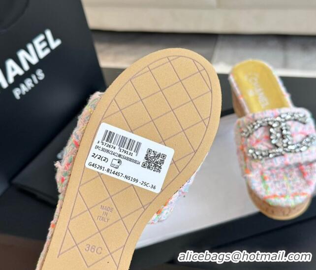 Good Looking Chanel Tweed Wedge Slide Sandals 5.5cm with Crystals CC Pink 424096