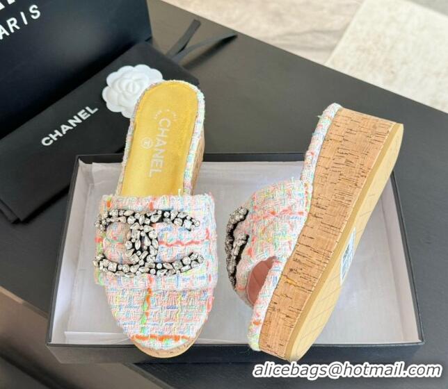 Good Looking Chanel Tweed Wedge Slide Sandals 5.5cm with Crystals CC Pink 424096