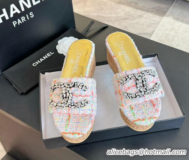 Good Looking Chanel Tweed Wedge Slide Sandals 5.5cm with Crystals CC Pink 424096