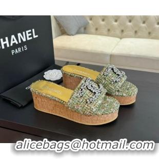 Top Grade Chanel Tweed Wedge Slide Sandals 5.5cm with Crystals CC Green 424097