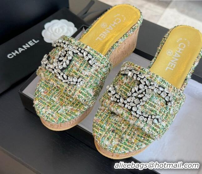 Top Grade Chanel Tweed Wedge Slide Sandals 5.5cm with Crystals CC Green 424097