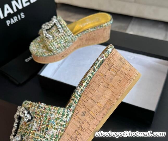 Top Grade Chanel Tweed Wedge Slide Sandals 5.5cm with Crystals CC Green 424097