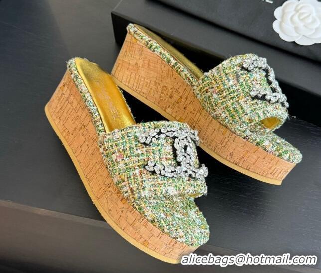 Top Grade Chanel Tweed Wedge Slide Sandals 5.5cm with Crystals CC Green 424097