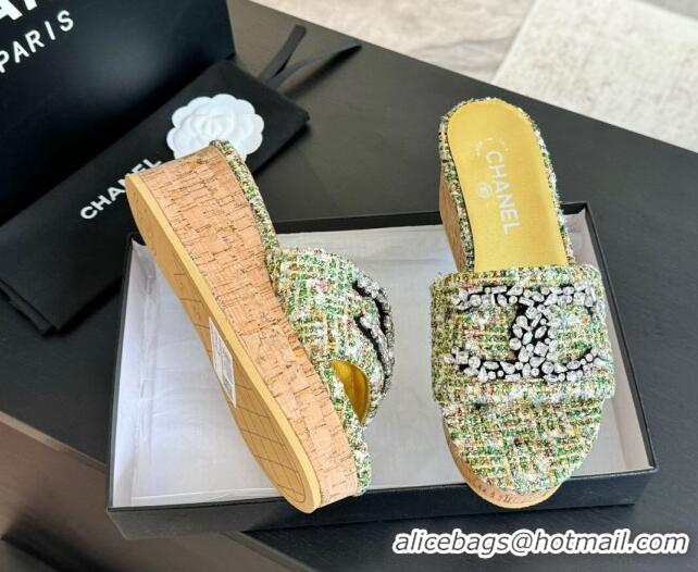 Top Grade Chanel Tweed Wedge Slide Sandals 5.5cm with Crystals CC Green 424097