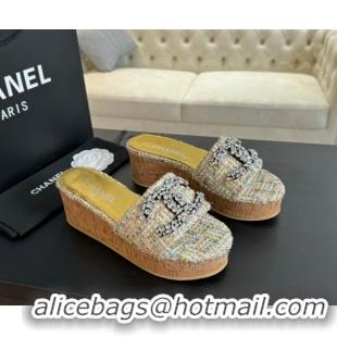 Good Product Chanel Tweed Wedge Slide Sandals 5.5cm with Crystals CC Multicolor 424098