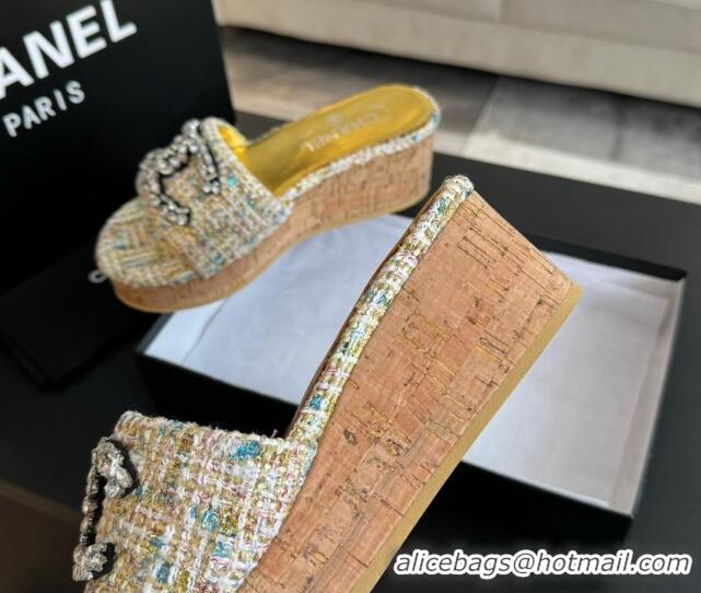 Good Product Chanel Tweed Wedge Slide Sandals 5.5cm with Crystals CC Multicolor 424098