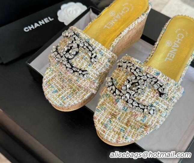 Good Product Chanel Tweed Wedge Slide Sandals 5.5cm with Crystals CC Multicolor 424098