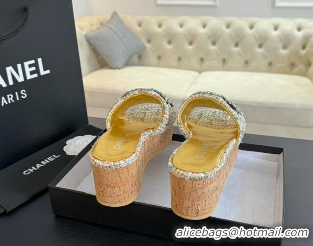 Good Product Chanel Tweed Wedge Slide Sandals 5.5cm with Crystals CC Multicolor 424098