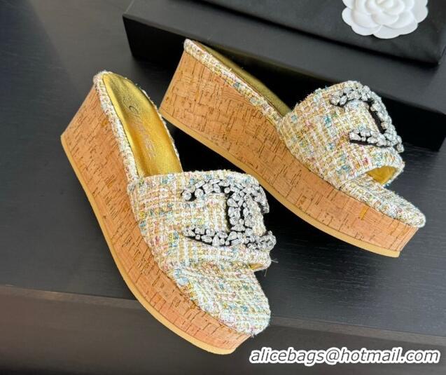 Good Product Chanel Tweed Wedge Slide Sandals 5.5cm with Crystals CC Multicolor 424098