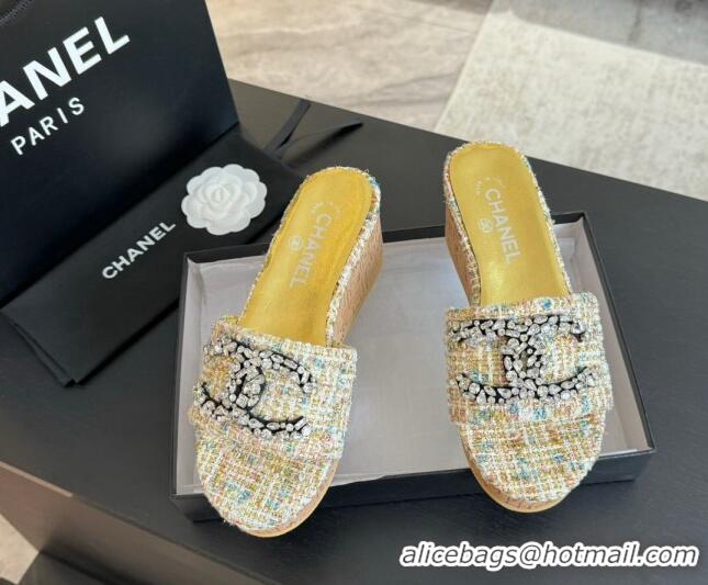 Good Product Chanel Tweed Wedge Slide Sandals 5.5cm with Crystals CC Multicolor 424098