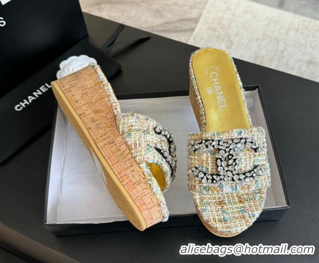 Good Product Chanel Tweed Wedge Slide Sandals 5.5cm with Crystals CC Multicolor 424098