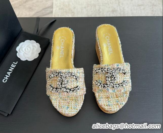 Good Product Chanel Tweed Wedge Slide Sandals 5.5cm with Crystals CC Multicolor 424098