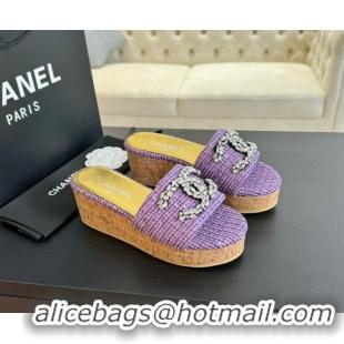 Pretty Style Chanel Tweed Wedge Slide Sandals 5.5cm with Crystals CC Purple 424099