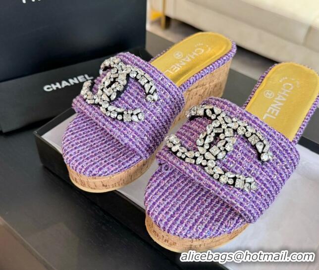 Pretty Style Chanel Tweed Wedge Slide Sandals 5.5cm with Crystals CC Purple 424099