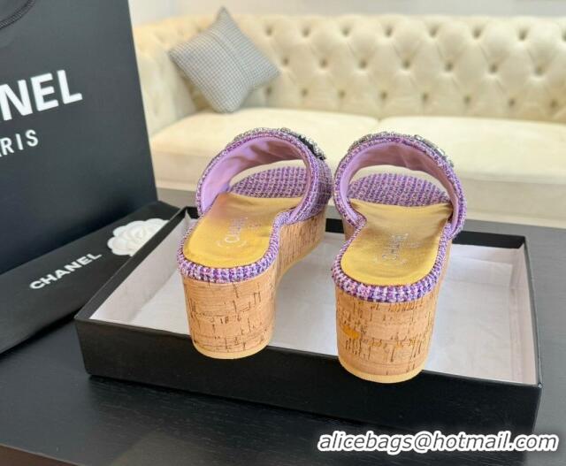 Pretty Style Chanel Tweed Wedge Slide Sandals 5.5cm with Crystals CC Purple 424099